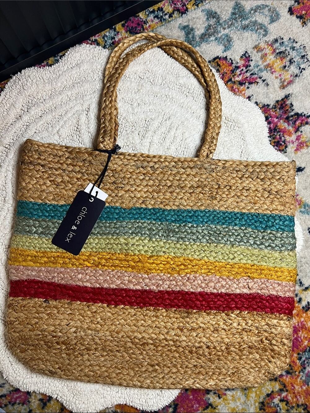Chloe & Lex HORIZON Rainbow STRIPE JUTE BEACH SHOPPER BAG Tote Straw Vacation